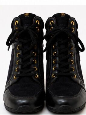 Paper Fox Hidden Wedge High Top Sneakers Black Gold Lace-Up Women’s Size 9